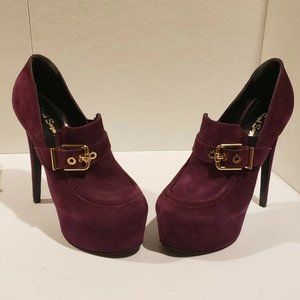 Fred Segal Feets "Mayfair" Purple Suede Platform Buckle Stiletto Loafer $795.